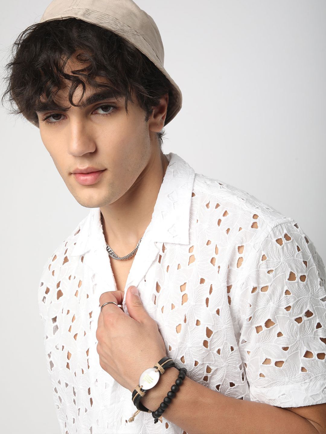 VASTRADO Men Classic Cuban Collar Textured Cotton Oversized Casual Shirt