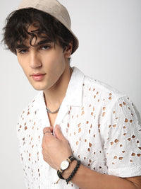 VASTRADO Men Classic Cuban Collar Textured Cotton Oversized Casual Shirt