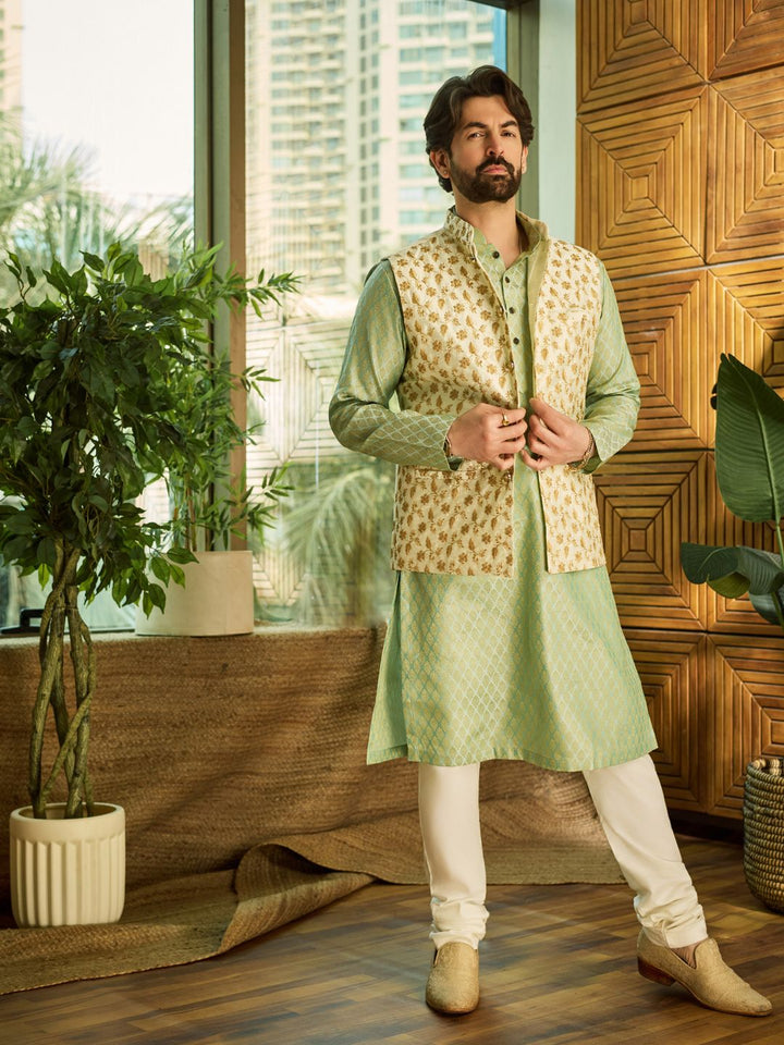 SOJANYA Ethnic Motifs Woven design Band Collar Kurta With Churidar And Nehru Jacket