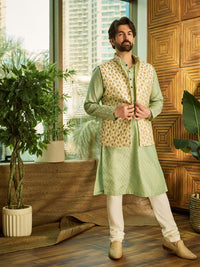 SOJANYA Ethnic Motifs Woven design Band Collar Kurta With Churidar And Nehru Jacket