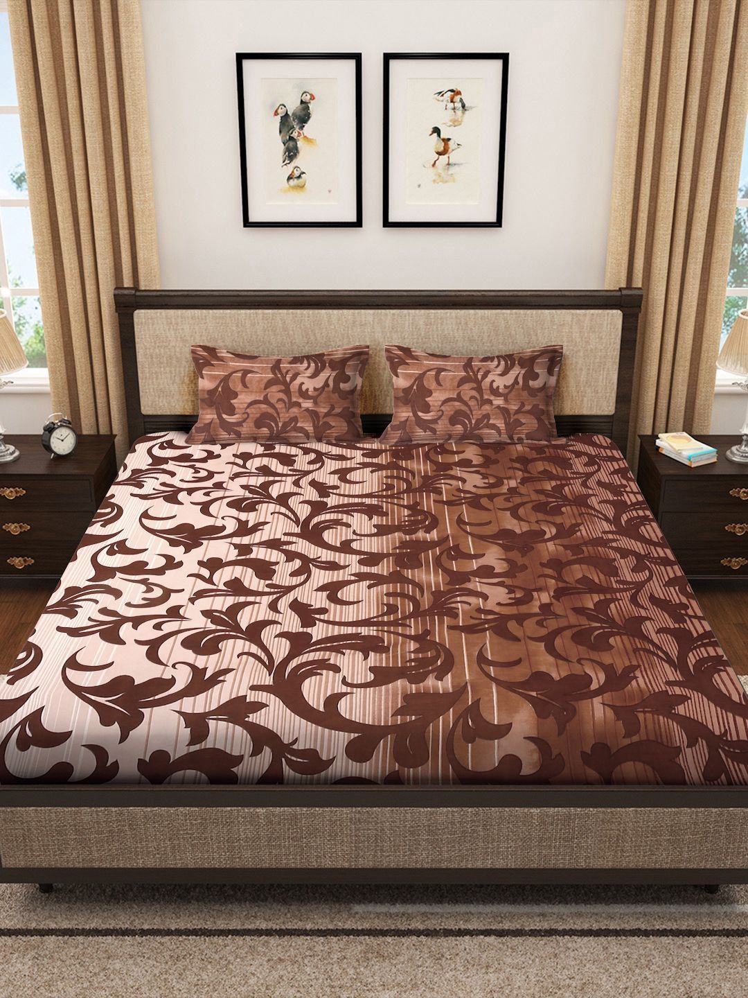 Myntra Elegant Homes Brown & Beige Floral 300 TC King Cadar dengan 2 Sarung Bantal