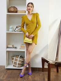 Berrylush Yellow Puff Sleeves V-Neck Wrap Mini Dress
