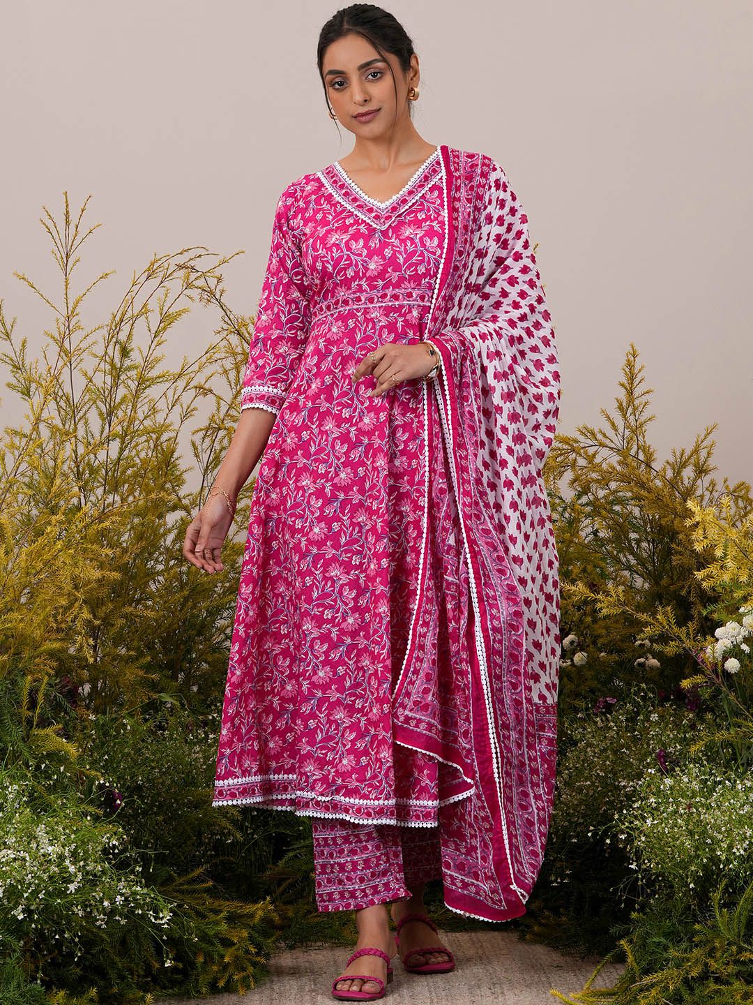 Libas Floral Printed Pleated Pure Cotton Kurta with Trousers & Dupatta