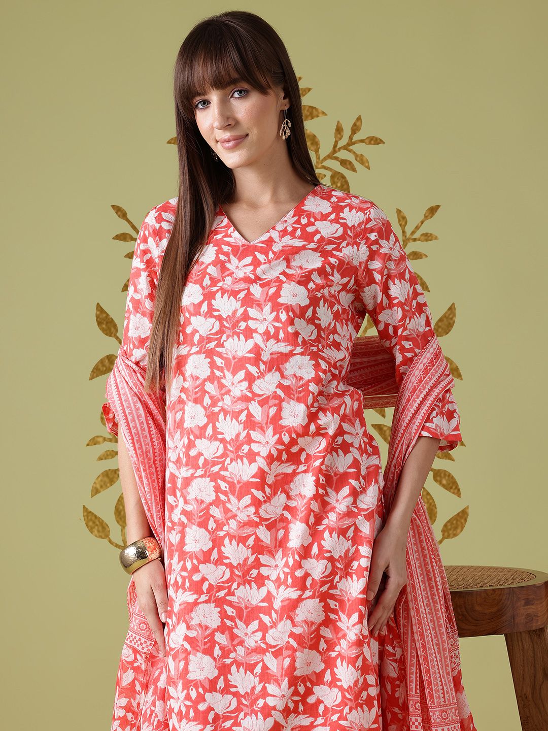 Anouk Floral Print Pure Cotton Kurta with Trousers & Dupatta