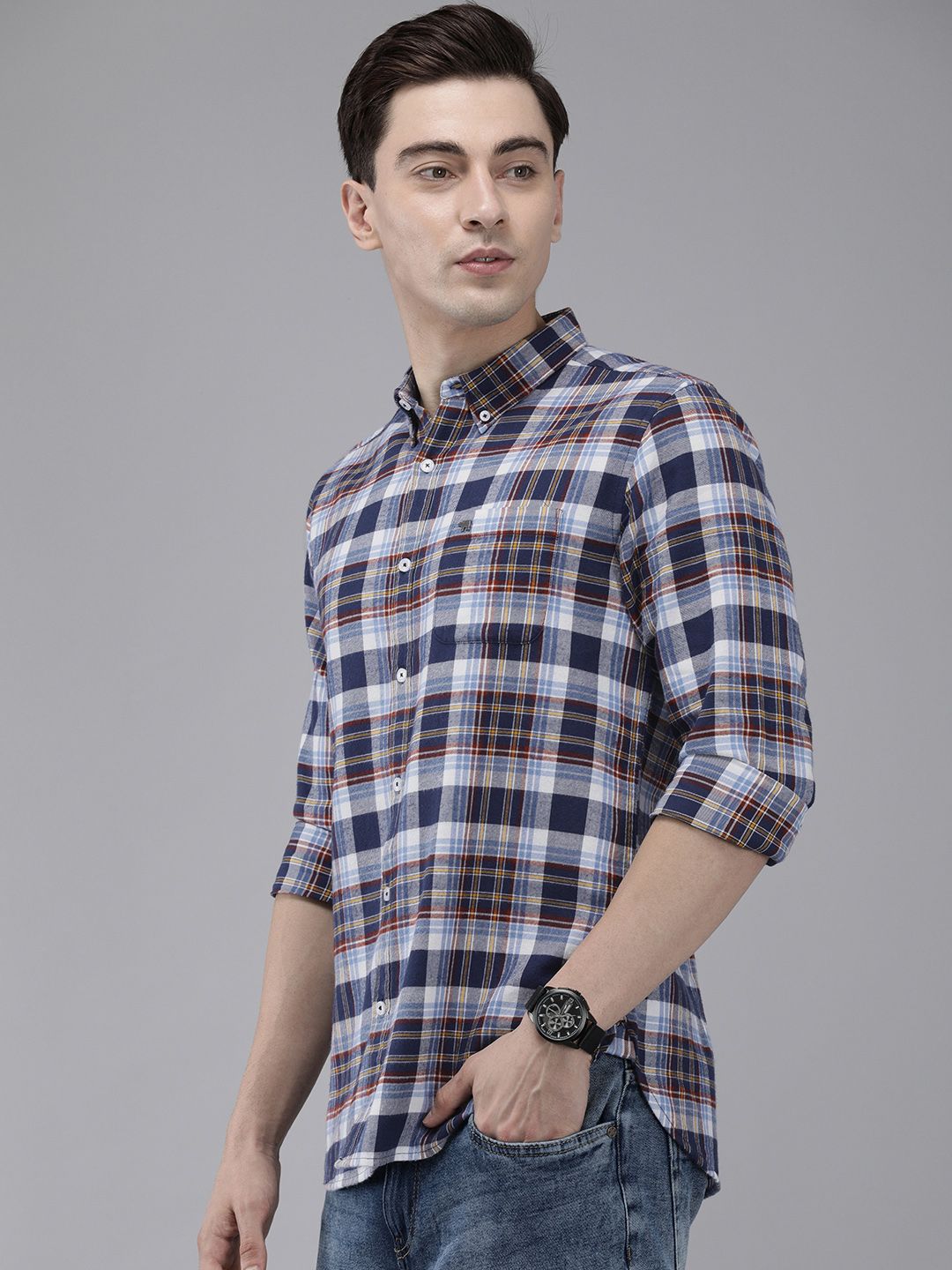 THE BEAR HOUSE Men Blue Slim Fit Tartan Checked Flannel Pure Cotton Casual Shirt