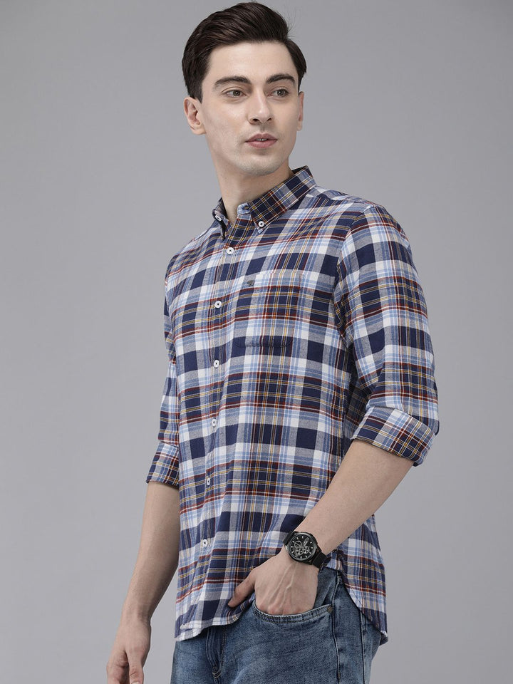 THE BEAR HOUSE Men Blue Slim Fit Tartan Checked Flannel Pure Cotton Casual Shirt