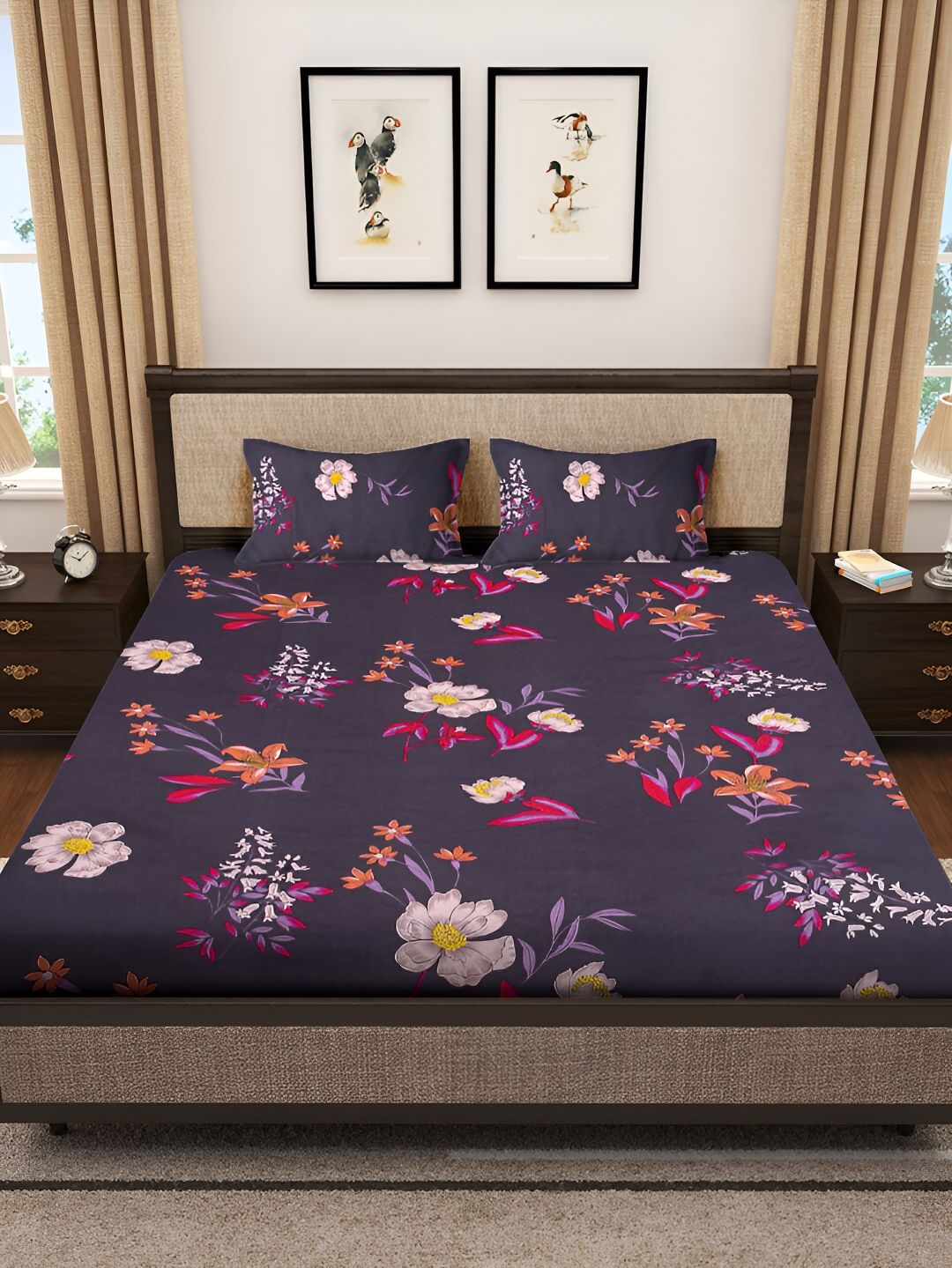 KLOTTHE Purple & Red Floral 300 TC Double King Bedsheet With 2 Pillow Covers