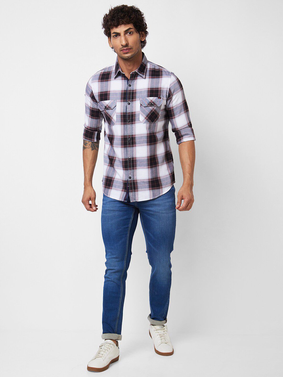 SPYKAR Spread Collar Long Sleeves Tartan Checks Cotton Casual Shirt