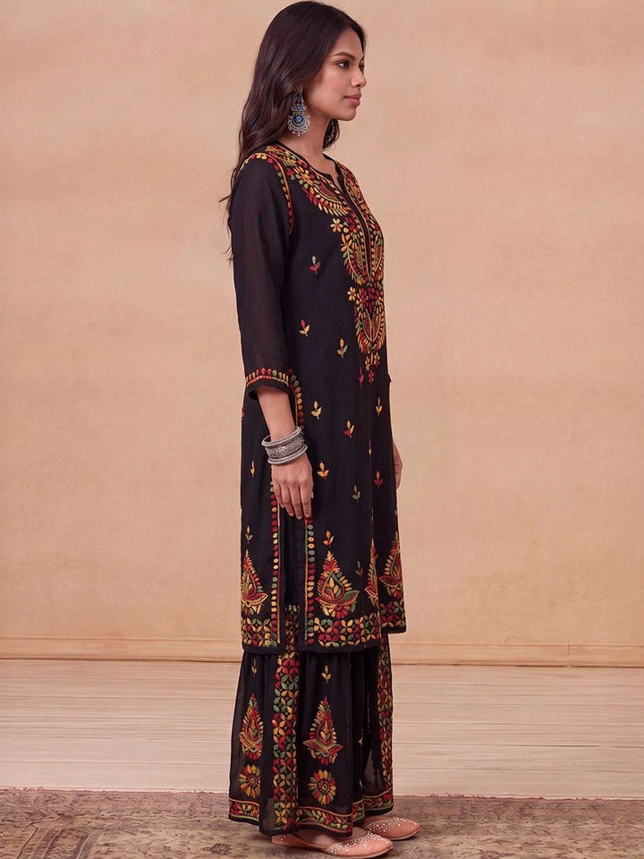House of Chikankari Women Ethnic Motifs Embroidered Regular Thread Work Kurta with Sharara