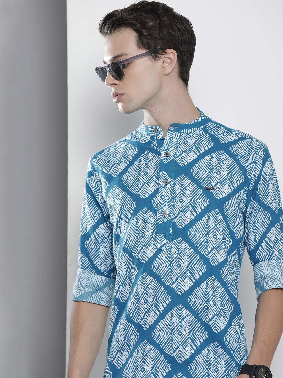 The Indian Garage Co Men Blue Printed Band Collar Cotton Casual Shirt