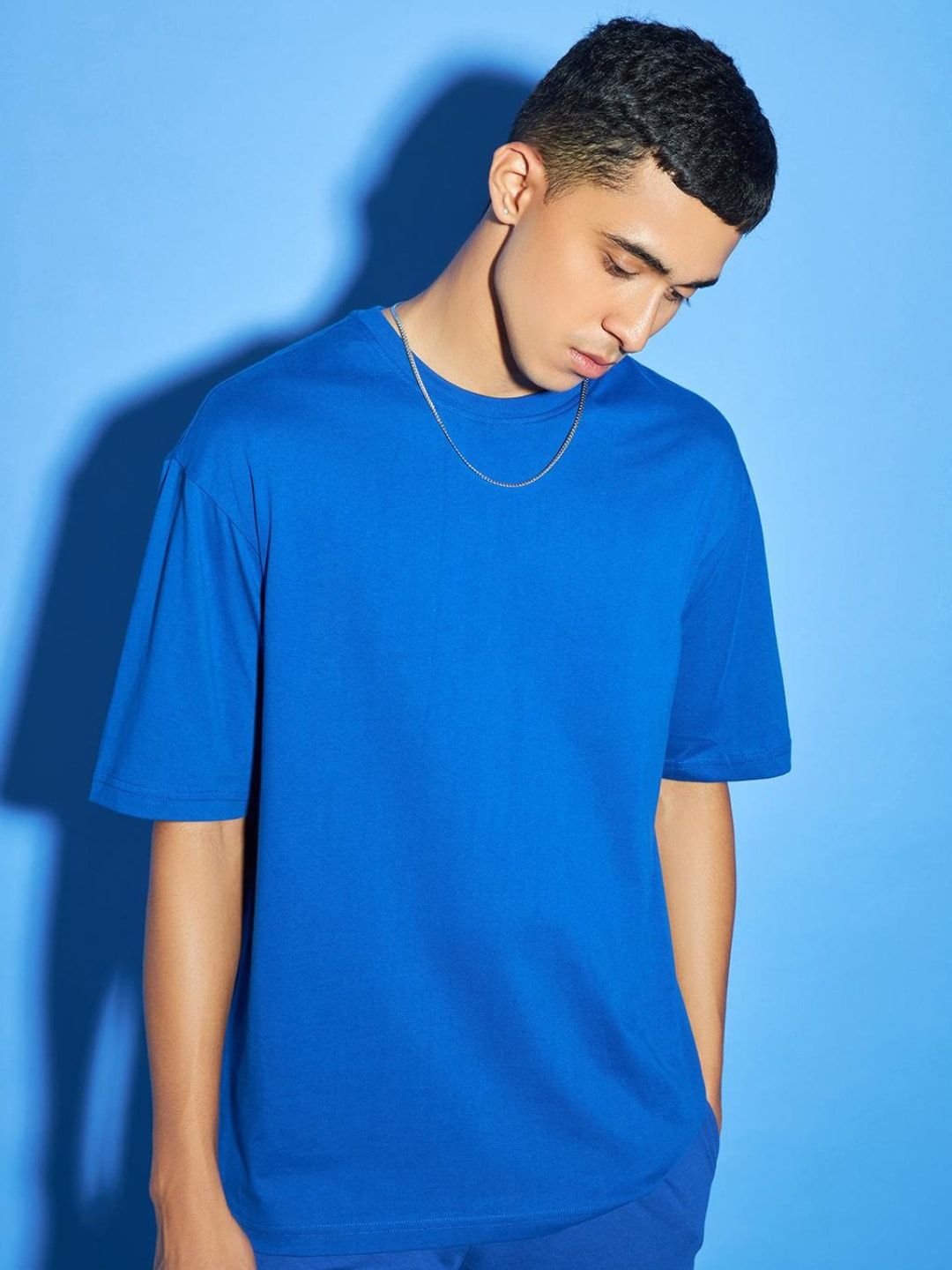Bewakoof Men Blue Drop-Shoulder Sleeves Pure Cotton Oversized T-shirt