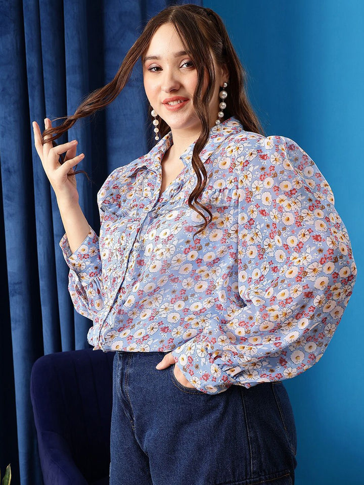 CURVY STREET Plus Size Floral Printed Shirt Collar Cuffed Sleeves Shirt Style Top Shirt