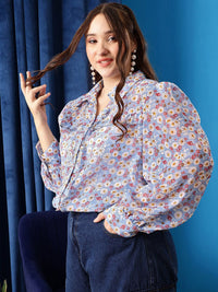 CURVY STREET Plus Size Floral Printed Shirt Collar Cuffed Sleeves Shirt Style Top Shirt