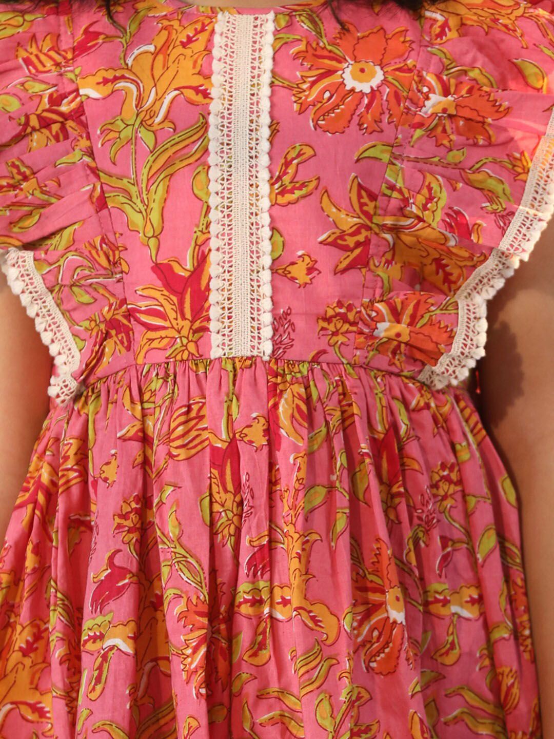 VASTRAMAY Girls Floral Printed Sleeveless Ruffles Detail Cotton Fit and Flare Dress