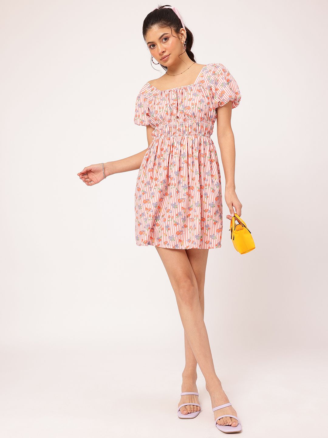 DressBerry Floral Frenzy Striped Dobby Weave Smocked A-Line Mini Dress