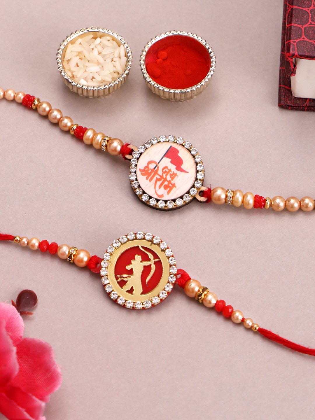 Set PANASH 2 Manik Bersalut Emas &amp; Rakhis Bertampal Batu Dengan Roli Chawal
