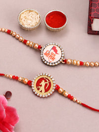 Set PANASH 2 Manik Bersalut Emas &amp; Rakhis Bertampal Batu Dengan Roli Chawal