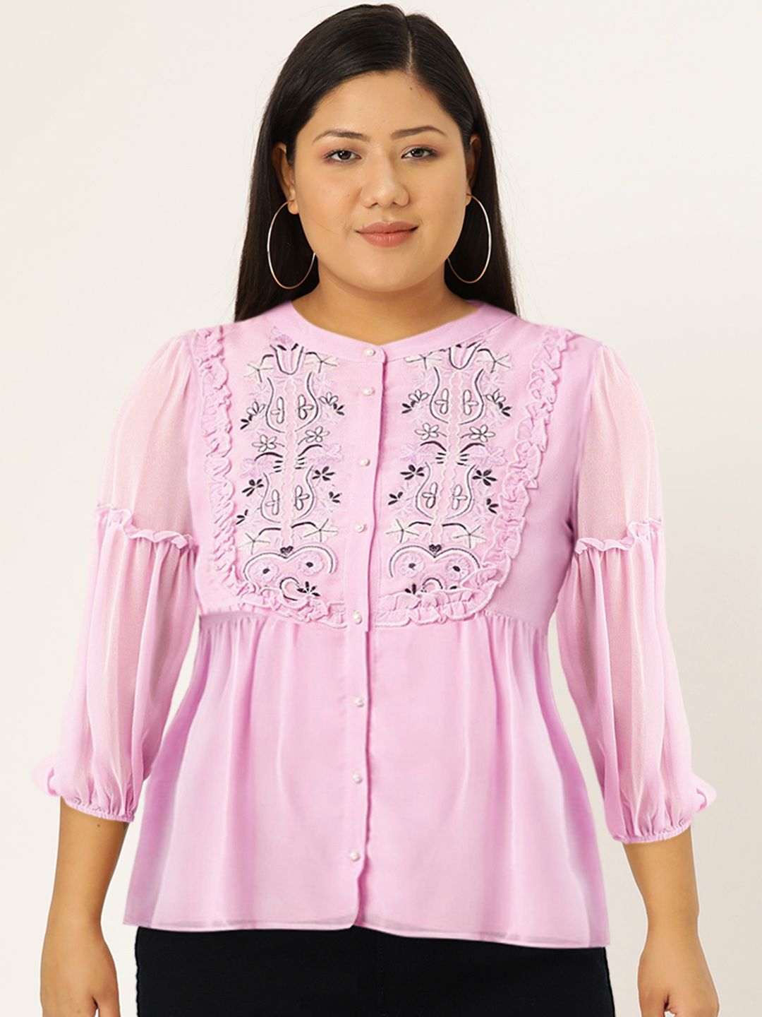 Antheaa Lavender Embroidered Mandarin Collar Puff Sleeves A-Line Top