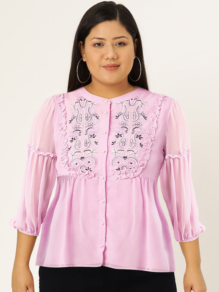 Antheaa Lavender Embroidered Mandarin Collar Puff Sleeves A-Line Top