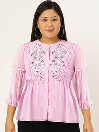 Antheaa Lavender Embroidered Mandarin Collar Puff Sleeves A-Line Top