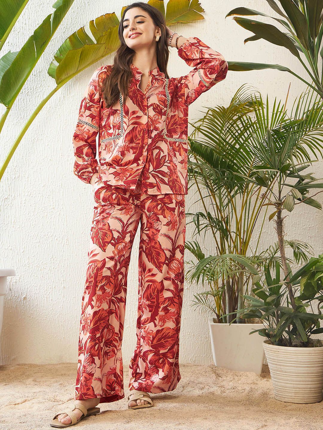 SASSAFRAS Rust Floral Printed Blouse & Palazzo Co-Ord Set