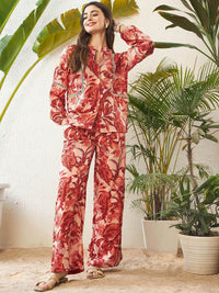 SASSAFRAS Rust Floral Printed Blouse & Palazzo Co-Ord Set