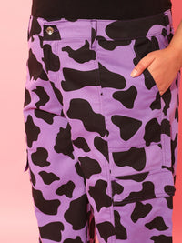 CURVY STREET Women Plus Size Lavender Printed Relaxed Straight Leg Pure Cotton Trousers