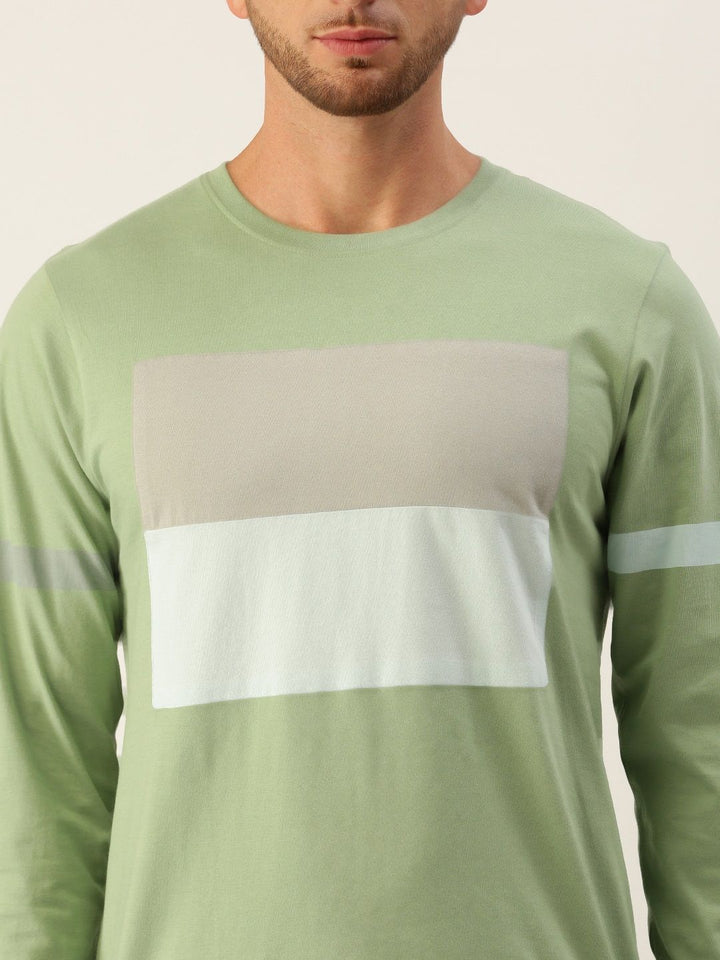 DILLINGER Men Green  Grey Colourblocked Round Neck Pure Cotton T-shirt