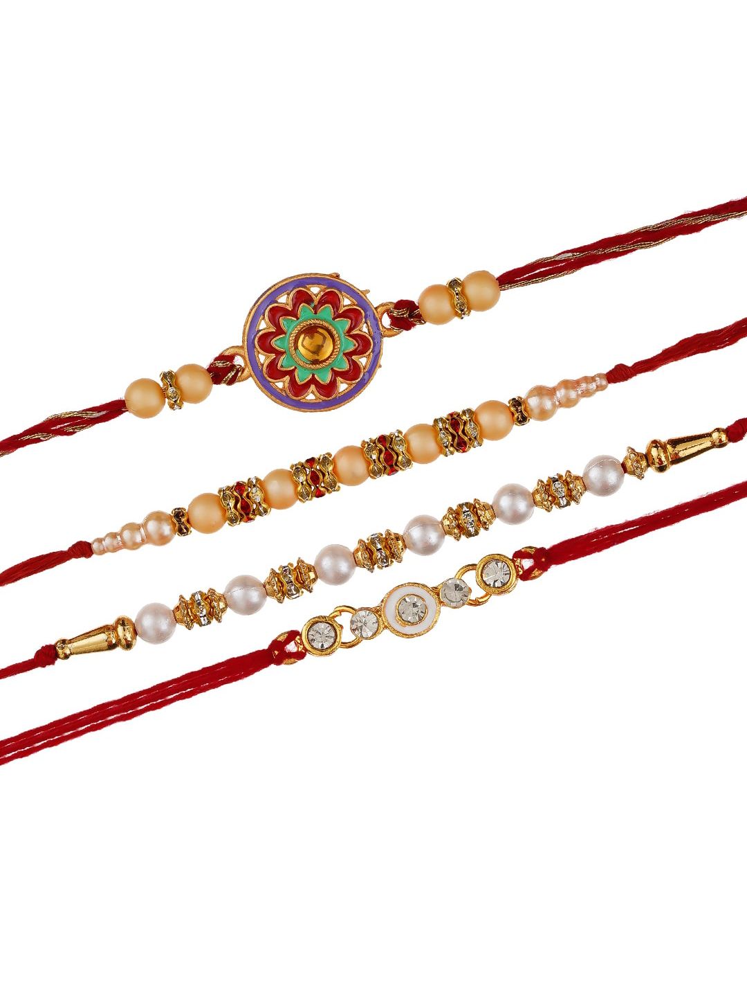 eCraftIndia Set of 4 Designer Pearl Rakhi with Roli Chawal
