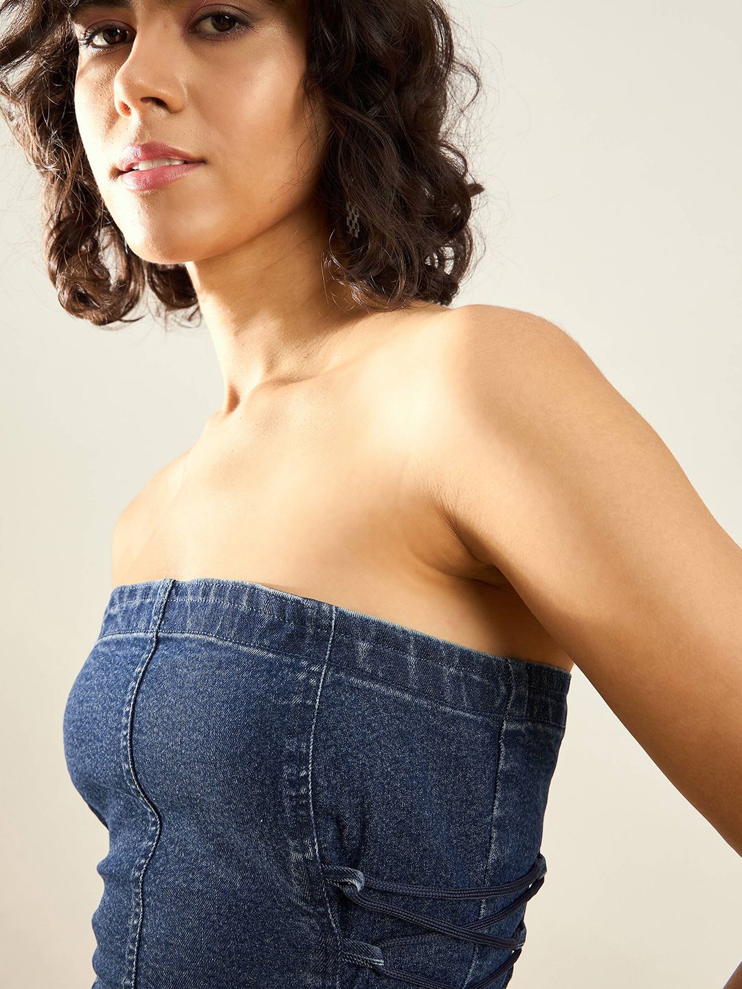 SASSAFRAS Blue Strapless Cotton Denim Tube Top