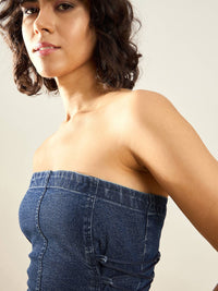 SASSAFRAS Blue Strapless Cotton Denim Tube Top