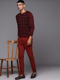 Raymond Men Maroon & Black Geometric Patterned Pullover