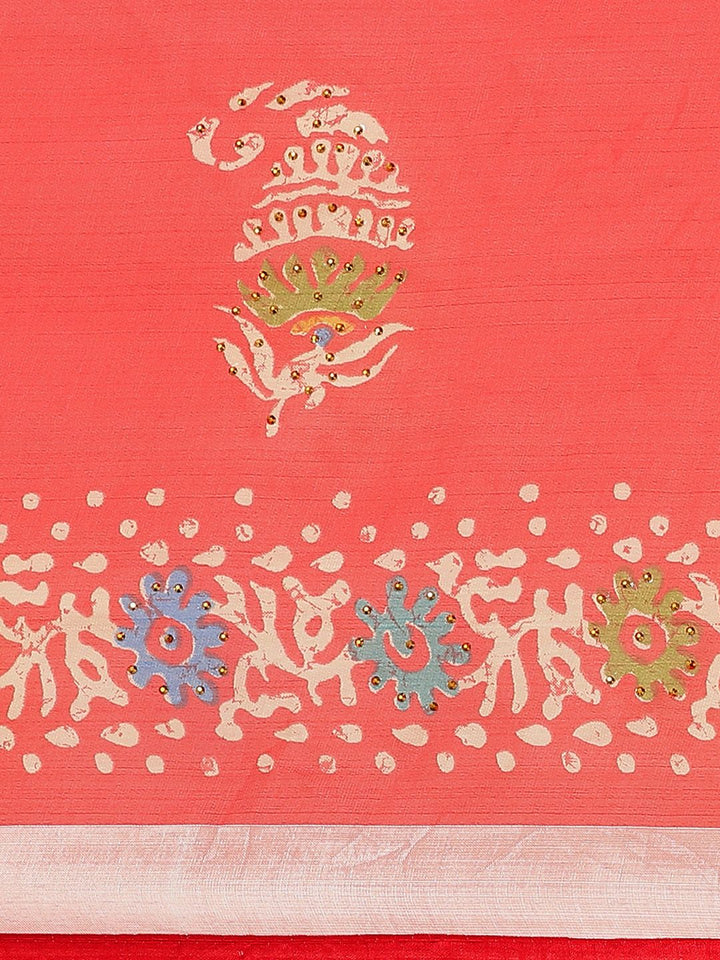 Saree mall Coral Red & Off-White Block Print Saree