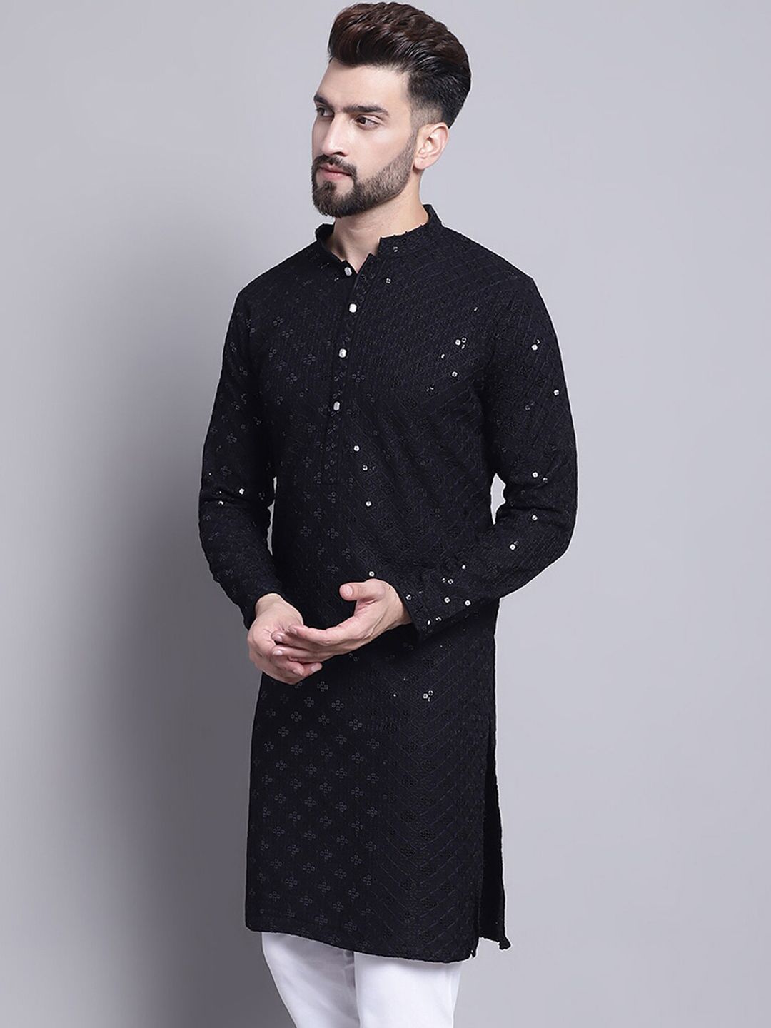 SOJANYA Embellished Mandarin Collar Sequinned Pure Cotton Kurta