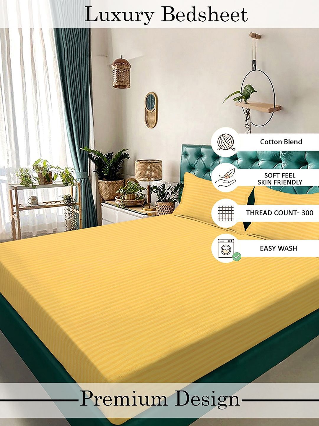 Myntra Elegant Homes Yellow & White Striped 300 TC King Bedsheet dengan 2 Sarung Bantal