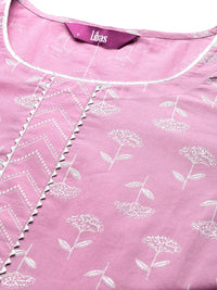 Libas Women Lavender Floral Printed Pure Cotton Kurta with Trousers & With Dupatta