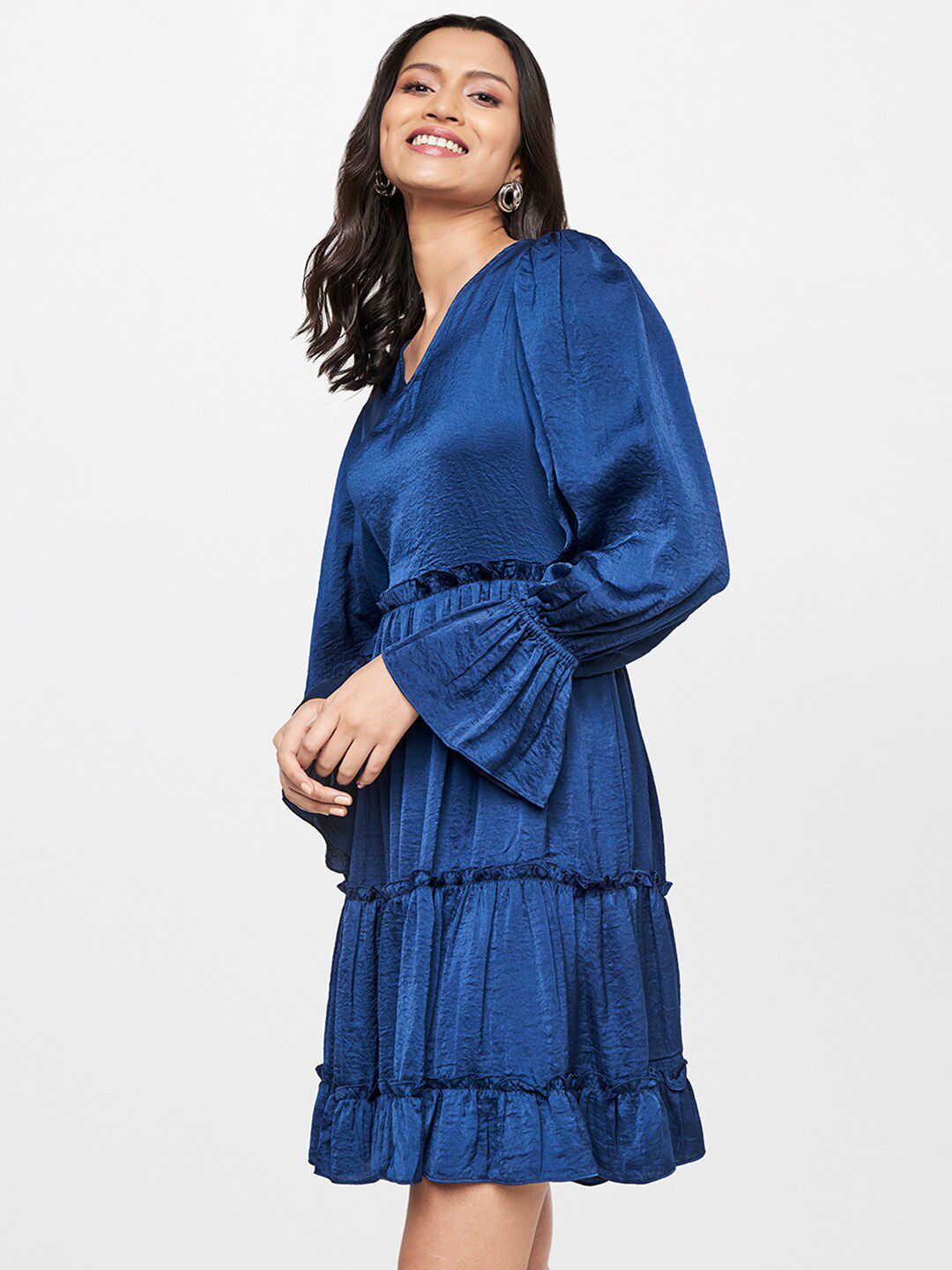 AND Navy Blue Solid Tiered Bell Sleeves Dress