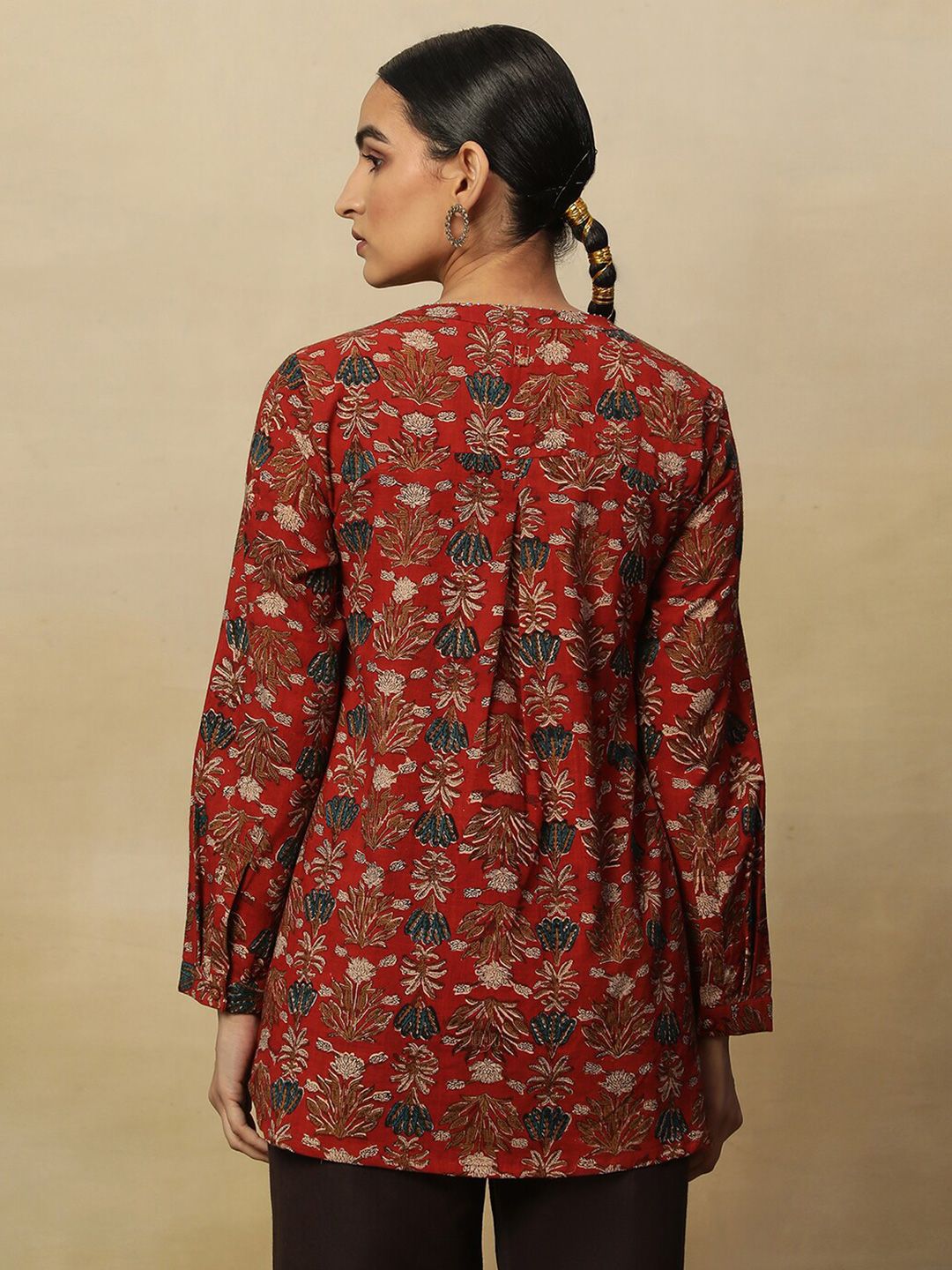 W Red Floral Printed Pure Cotton Straight Kurti