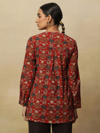 W Red Floral Printed Pure Cotton Straight Kurti