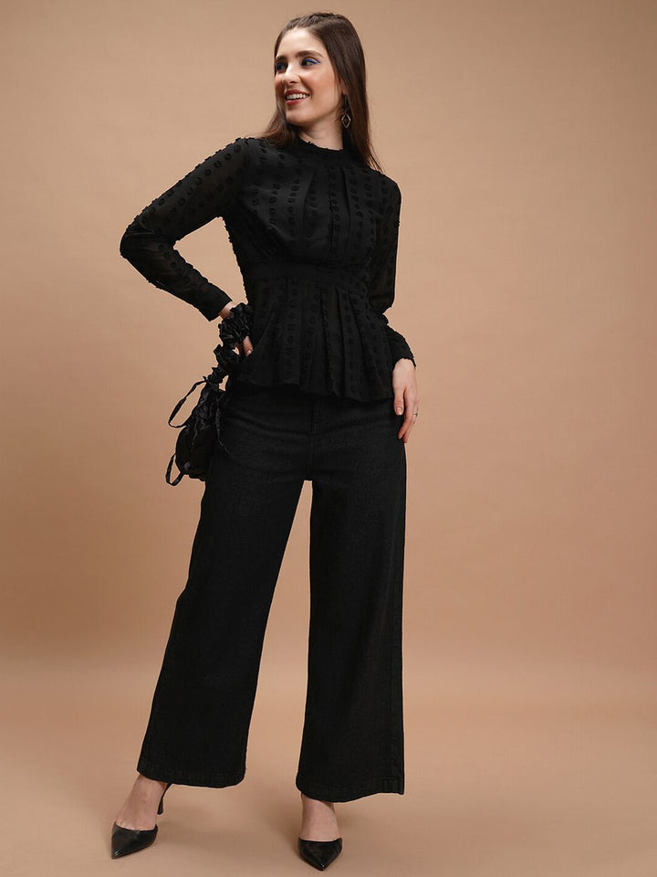 Tokyo Talkies Black Self Design High Neck Peplum Top