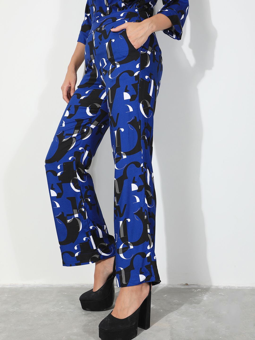 RAREISM Women Typography Printed Slim Fit High-Rise Cotton Parallel Trousers