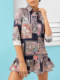 DressBerry Paisley Frames Flounce Hem Shirt-Style Mini Dress