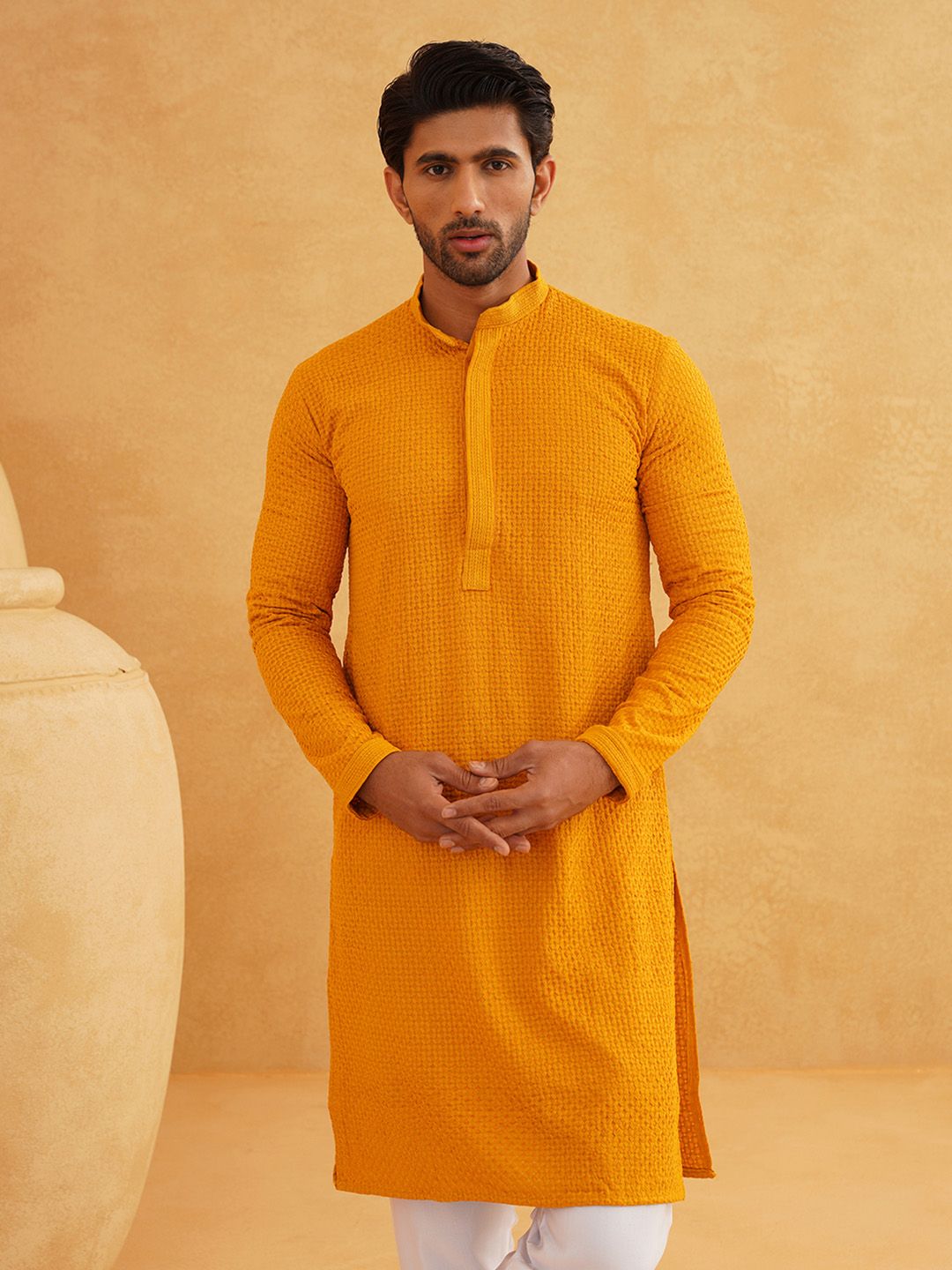 SOJANYA Men Mustard Yellow Thread Work Kurta
