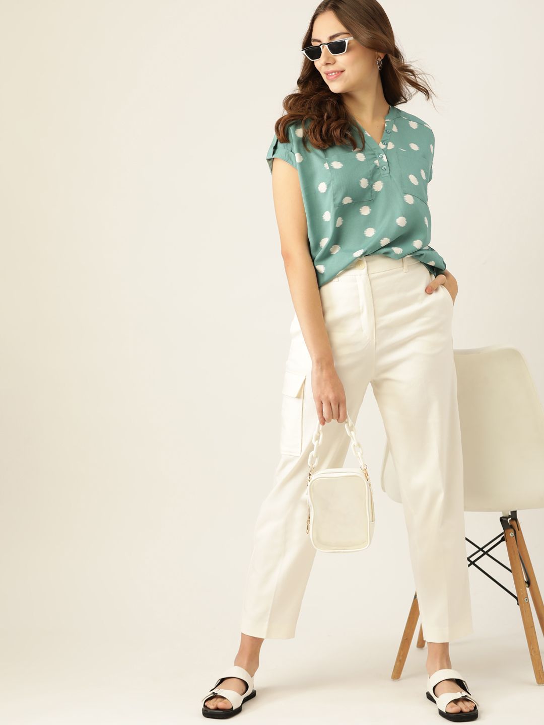 DressBerry Women Green & Off White Printed Boxy Top
