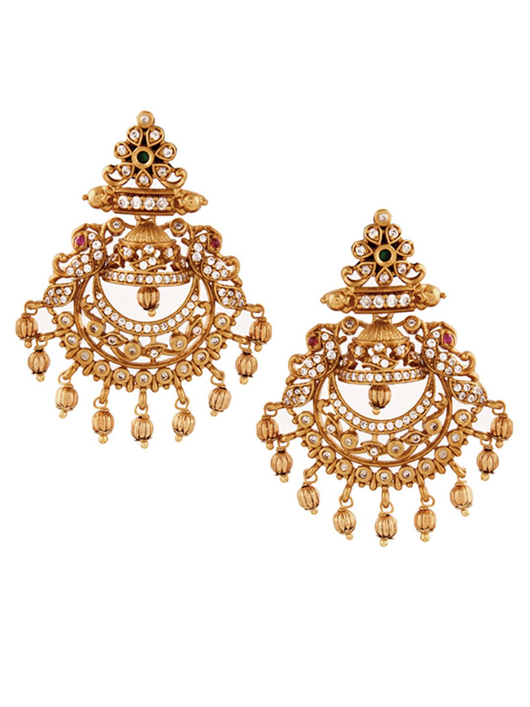 Rubans 22K Gold-Plated Emerald & Cubic Zirconia Studded Chandbali Earrings with Gold Beads