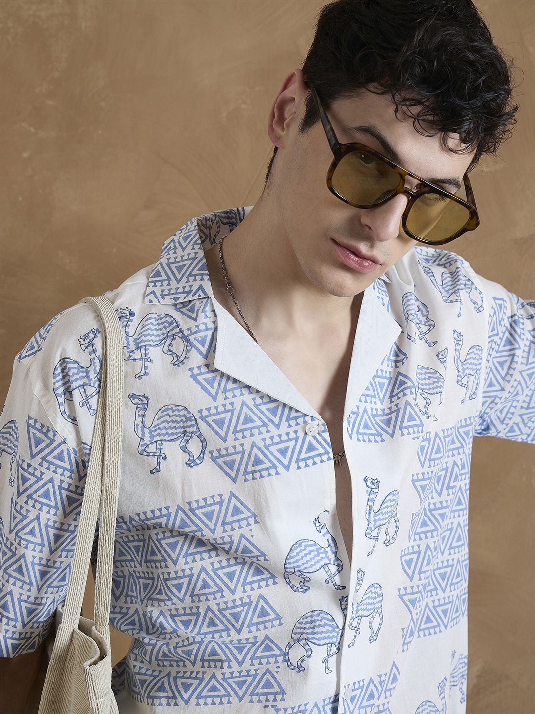 DENNISON Men Off White and Blue Hand Block Printed Shirt