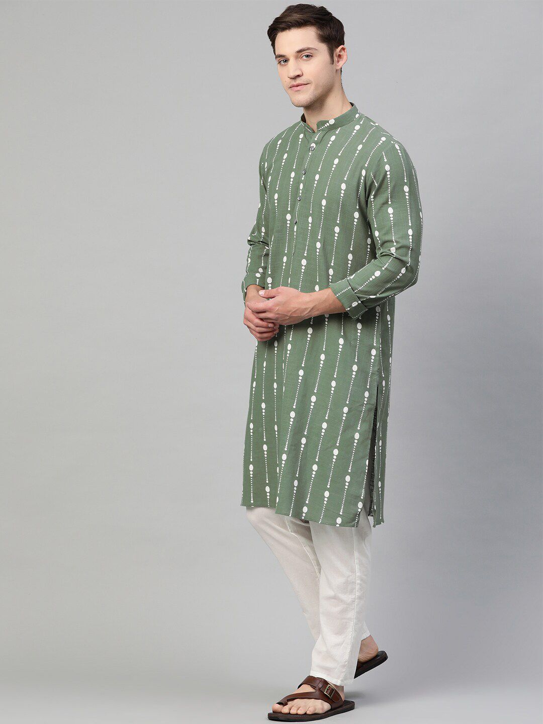 See Designs Men Green & White Printed Kurta with Pyjamas