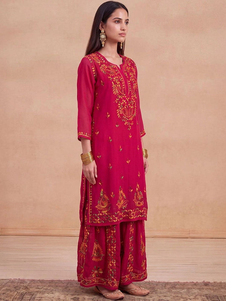 Rumah Wanita Chikankari Motif Etnik Bersulam Benang Biasa Kurta Kerja dengan Sharara