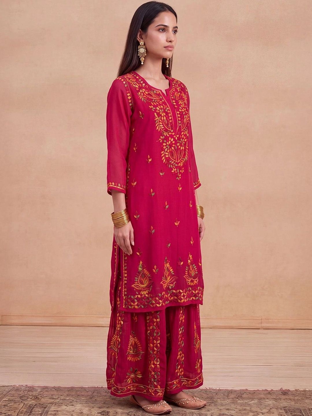 Rumah Wanita Chikankari Motif Etnik Bersulam Benang Biasa Kurta Kerja dengan Sharara