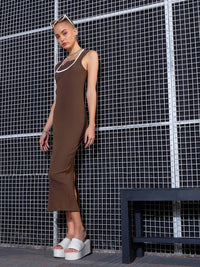 SASSAFRAS Brown Square Neck Sheath Midi Dress